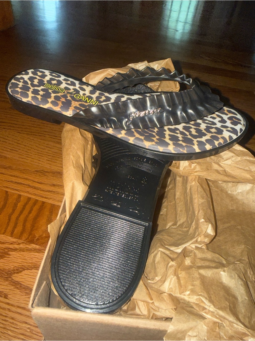 Ganni x Melissa Leopard Print Ruffle Strap Flip Sandals in Black and Brown